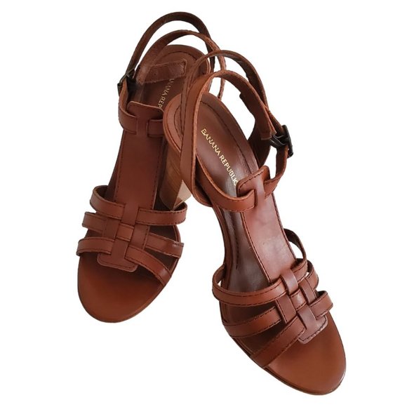 Banana Republic Leather Ankle Strap 3.5" Wood Heel Sandals | NWT | 7M | Tobacco - Picture 4 of 16